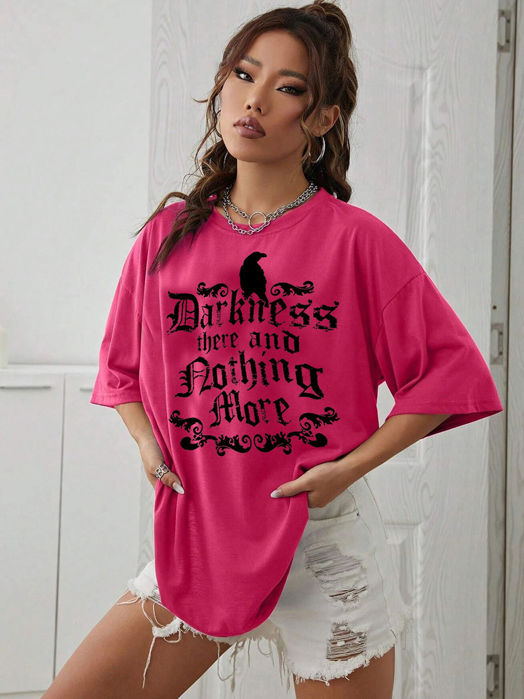 

TABADTOD Women Typography Printed Oversized T-shirt, Pink