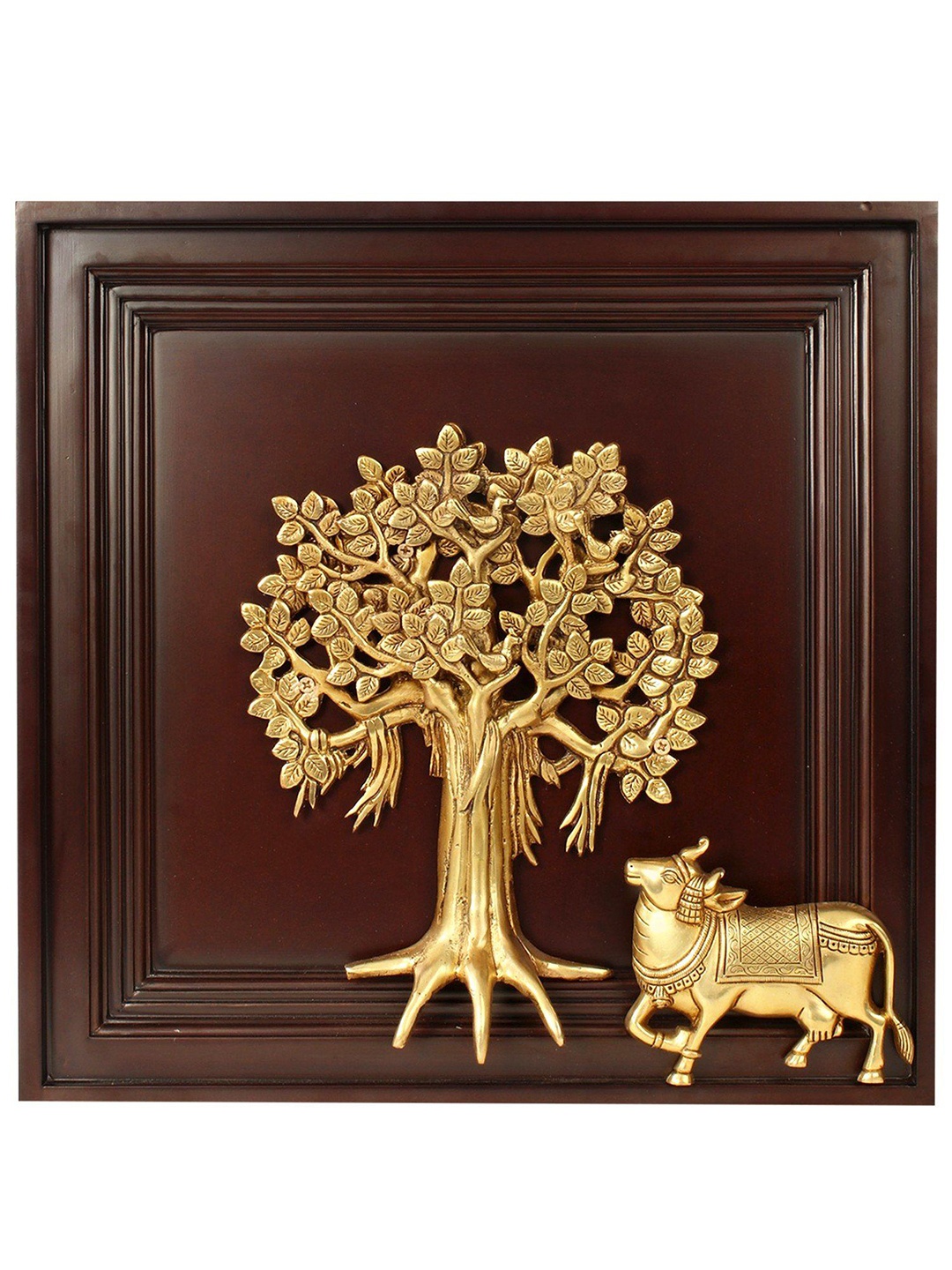 

Exotic India 16" Kamadhenu Cow Under Kalpavriksha Tree Wall Hanging - Wood and Brass, Gold