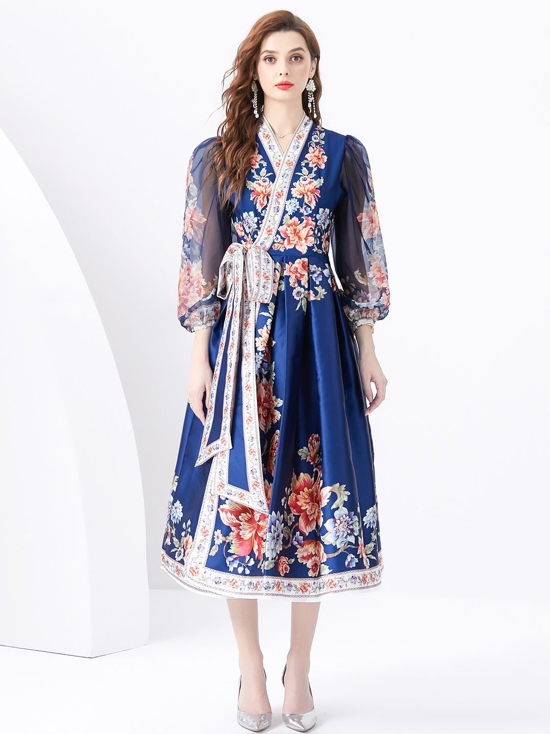 

JC Collection Floral Printed Puff Sleeve Wrap Midi Dress, Navy blue