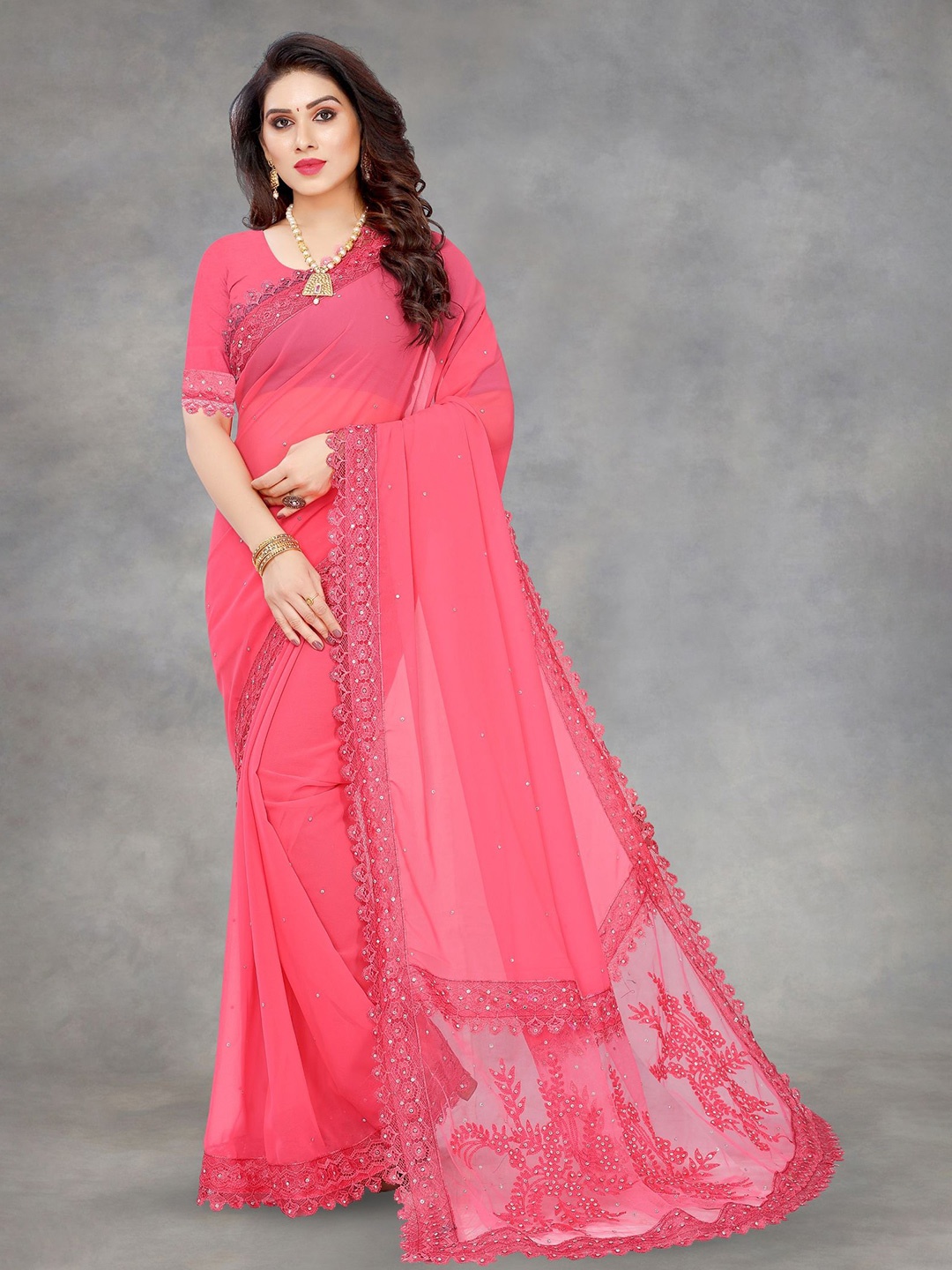 

LADY SHOPI Embroidered Beads and Stones Pure Georgette Saree, Pink