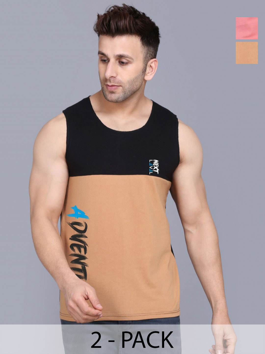 

SLOWLORIS Men Pack Of 2 Typography Printed Round Neck Cotton Slim Fit T-shirts, Peach