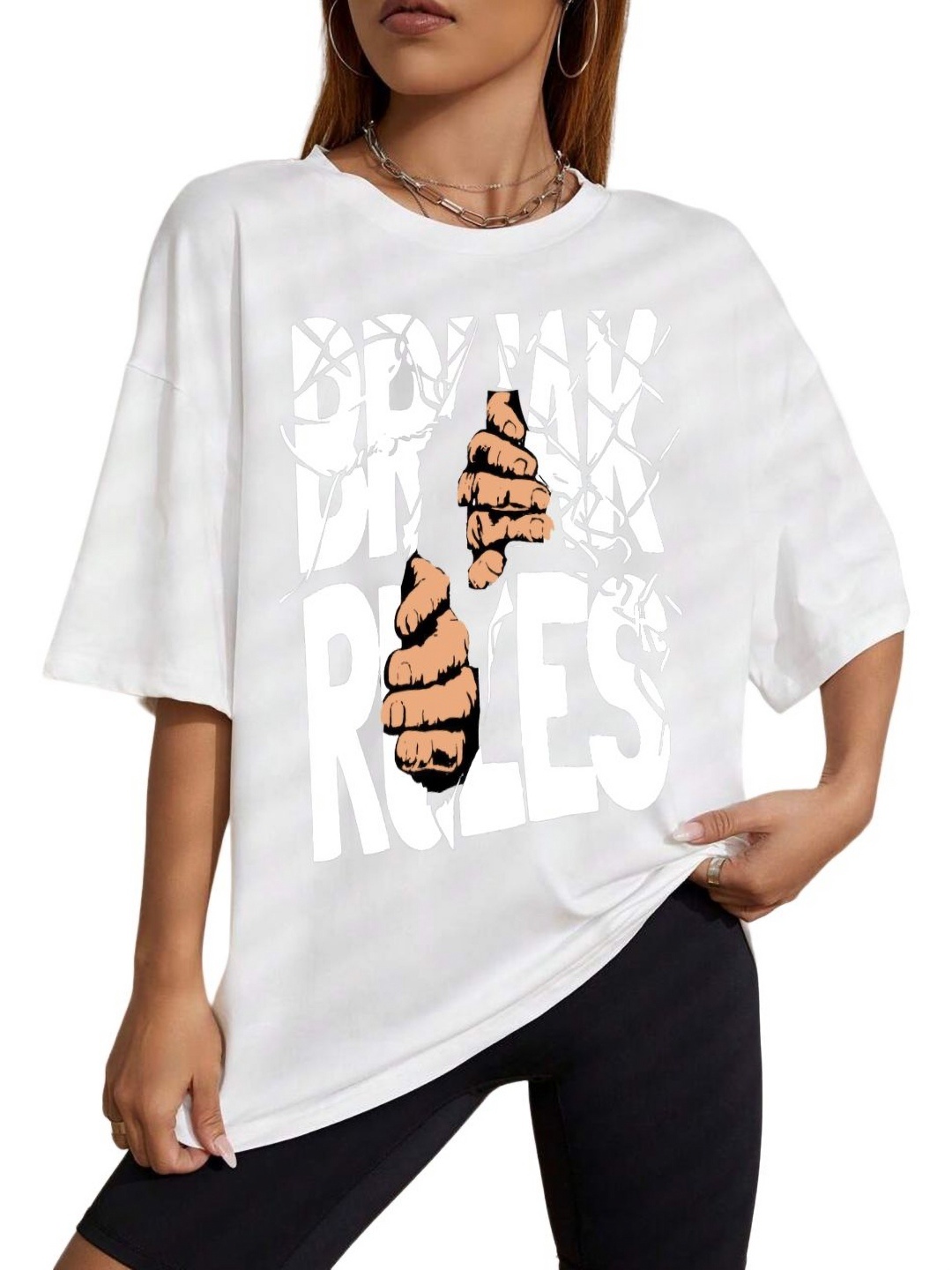 

TABADTOD Women Printed Extended Sleeves Applique T-shirt, White