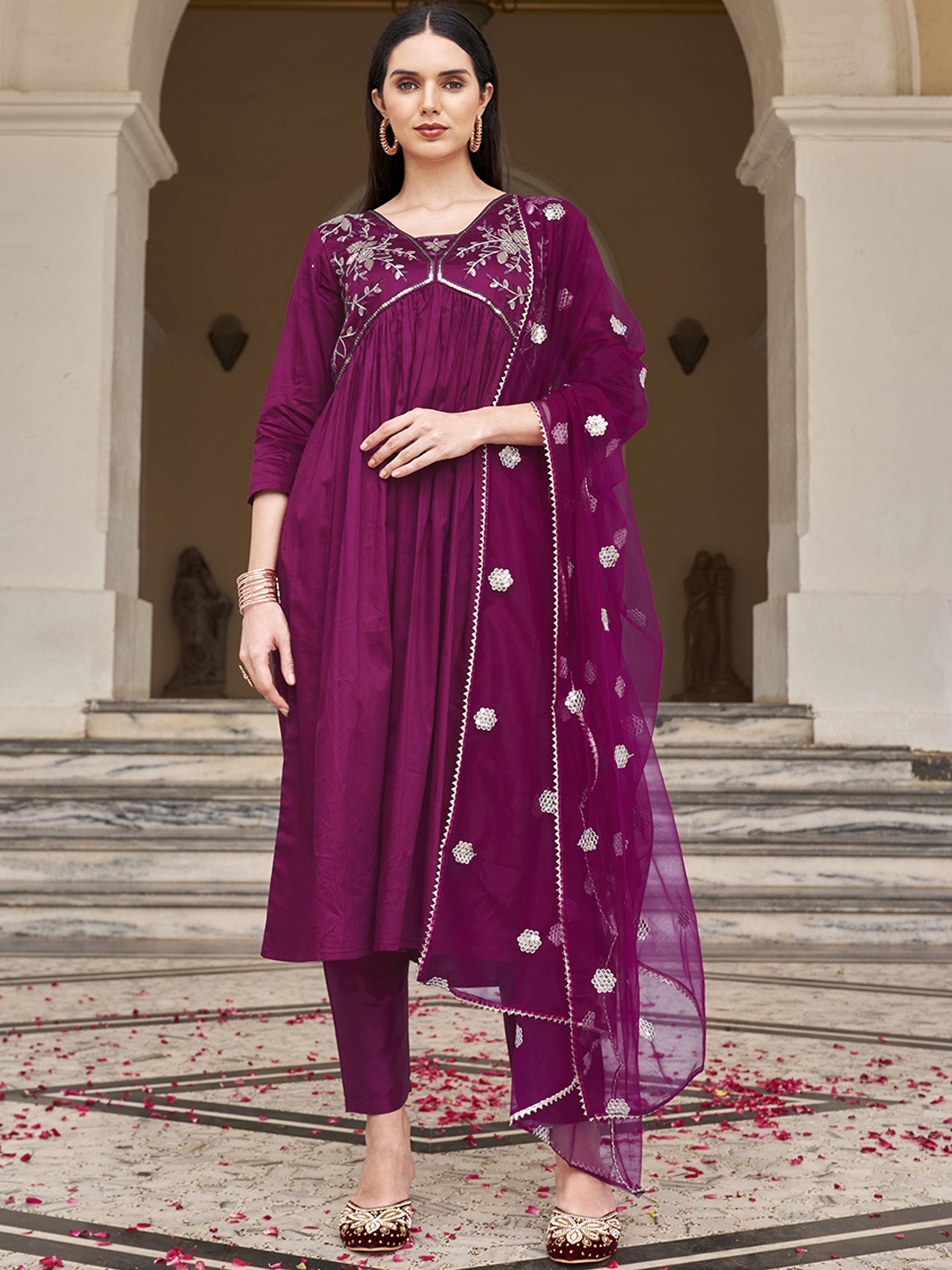 

Tikhi Imli Floral Yoke Design Empire Gotta Patti A-Line Kurta with Trousers & Dupatta, Magenta