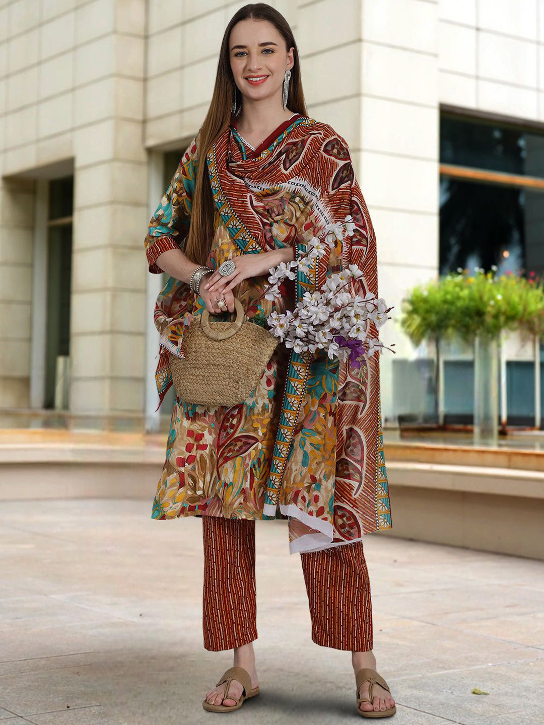 

Ethnic basket Floral Printed V-Neck Pure Cotton Straight Kurta With Trousers & Dupatta, Mustard
