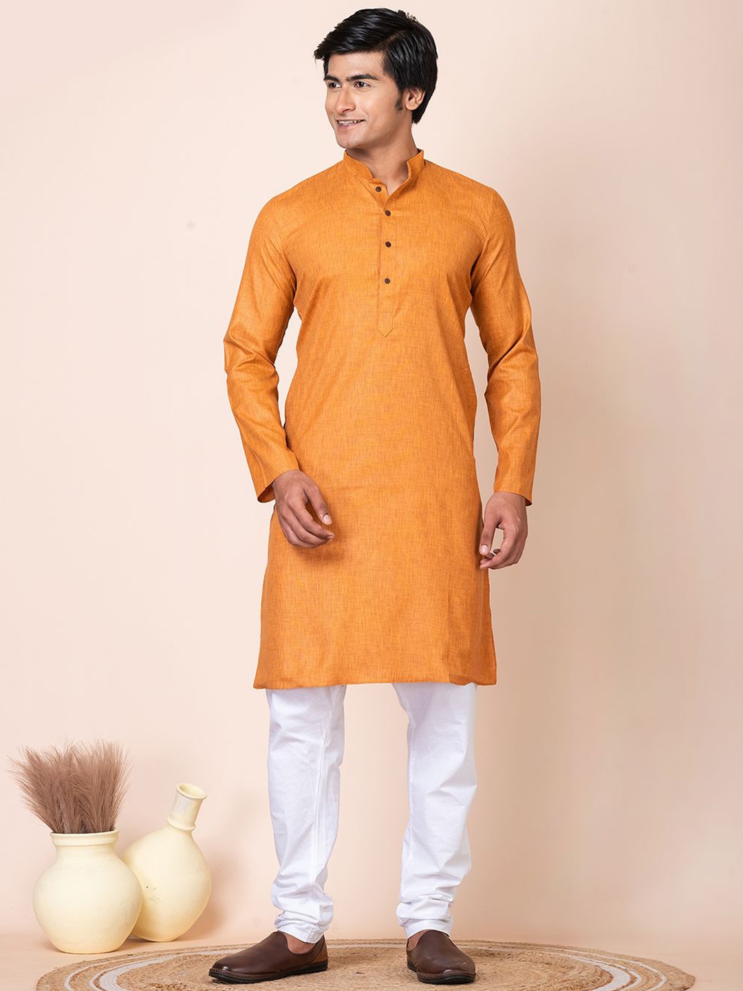 

HU - Handcrafted Uniquely Woven Design Mandarin Collar Straight Kurta, Orange