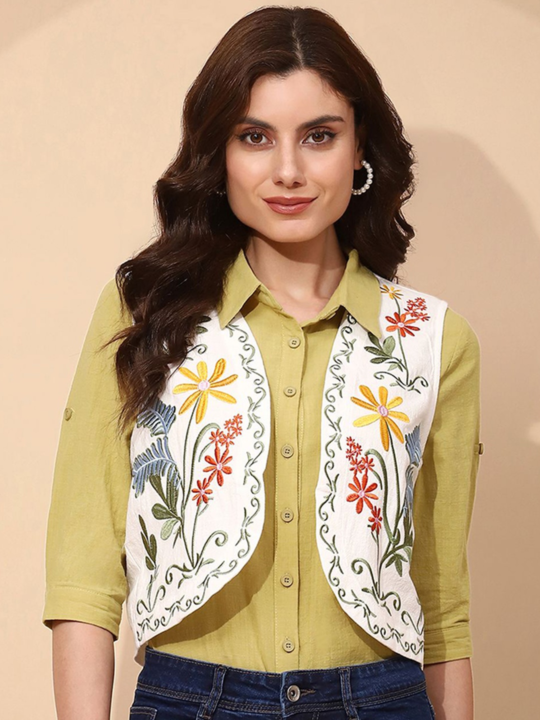 

Global Republic Embroidered Shawl Collar Pure Cotton Open Front Waistcoat, White