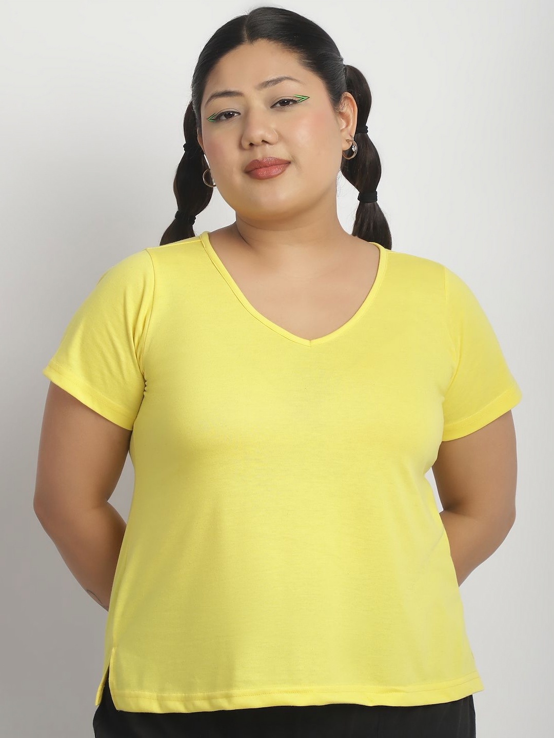 

thkgrlz Women Solid V-Neck Cotton T-shirt, Yellow