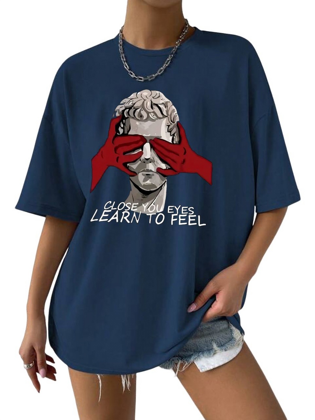 

TABADTOD Women Printed Applique T-shirt, Navy blue