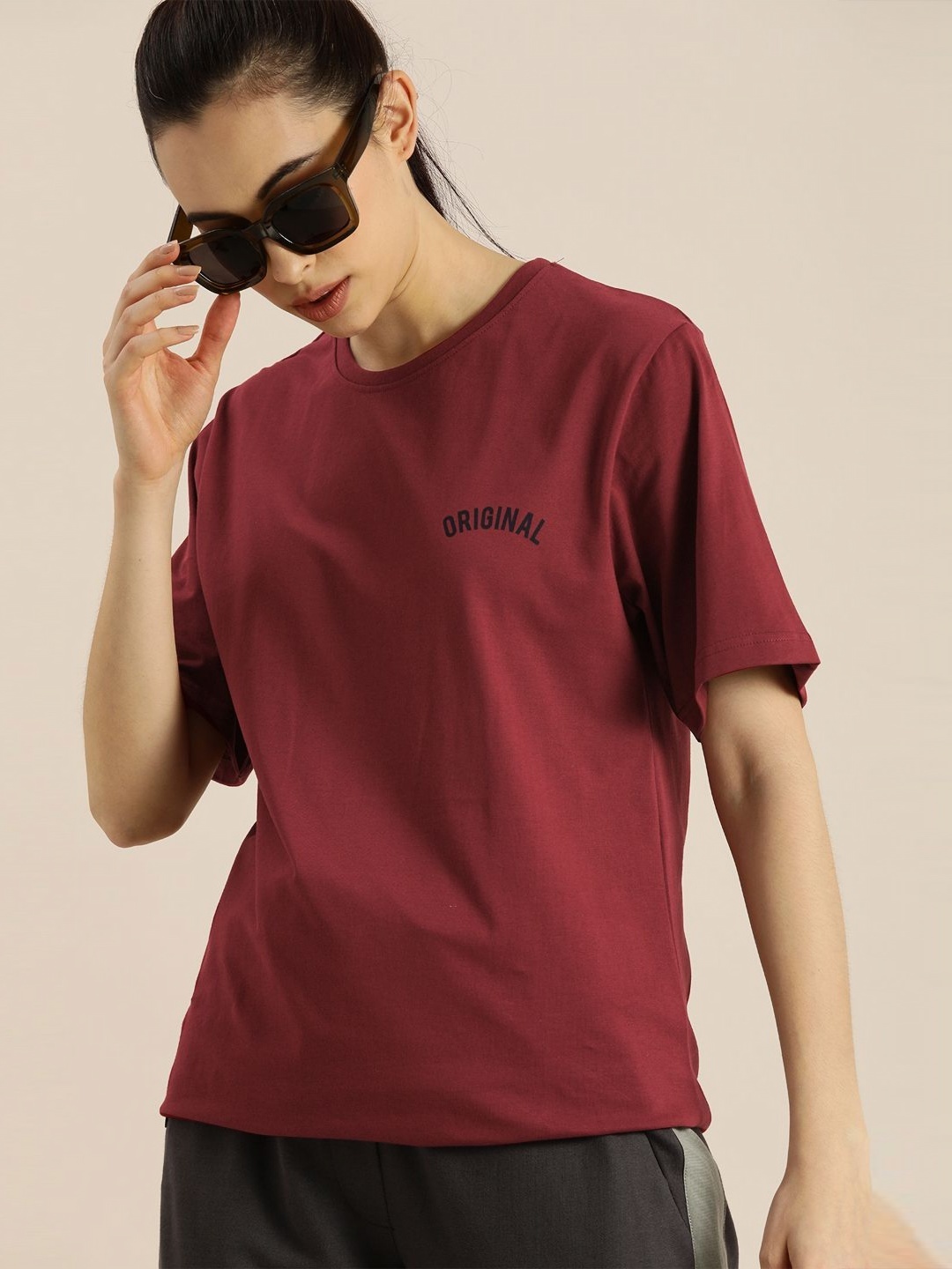 

DILLINGER Women Solid Round Neck Cotton Oversized T-shirt, Maroon