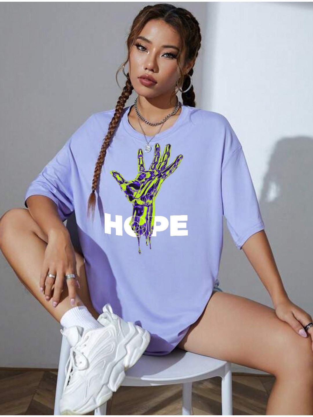 

TABADTOD Women Typography Printed Drop Shoulder Sleeves Oversized T-shirt, Purple