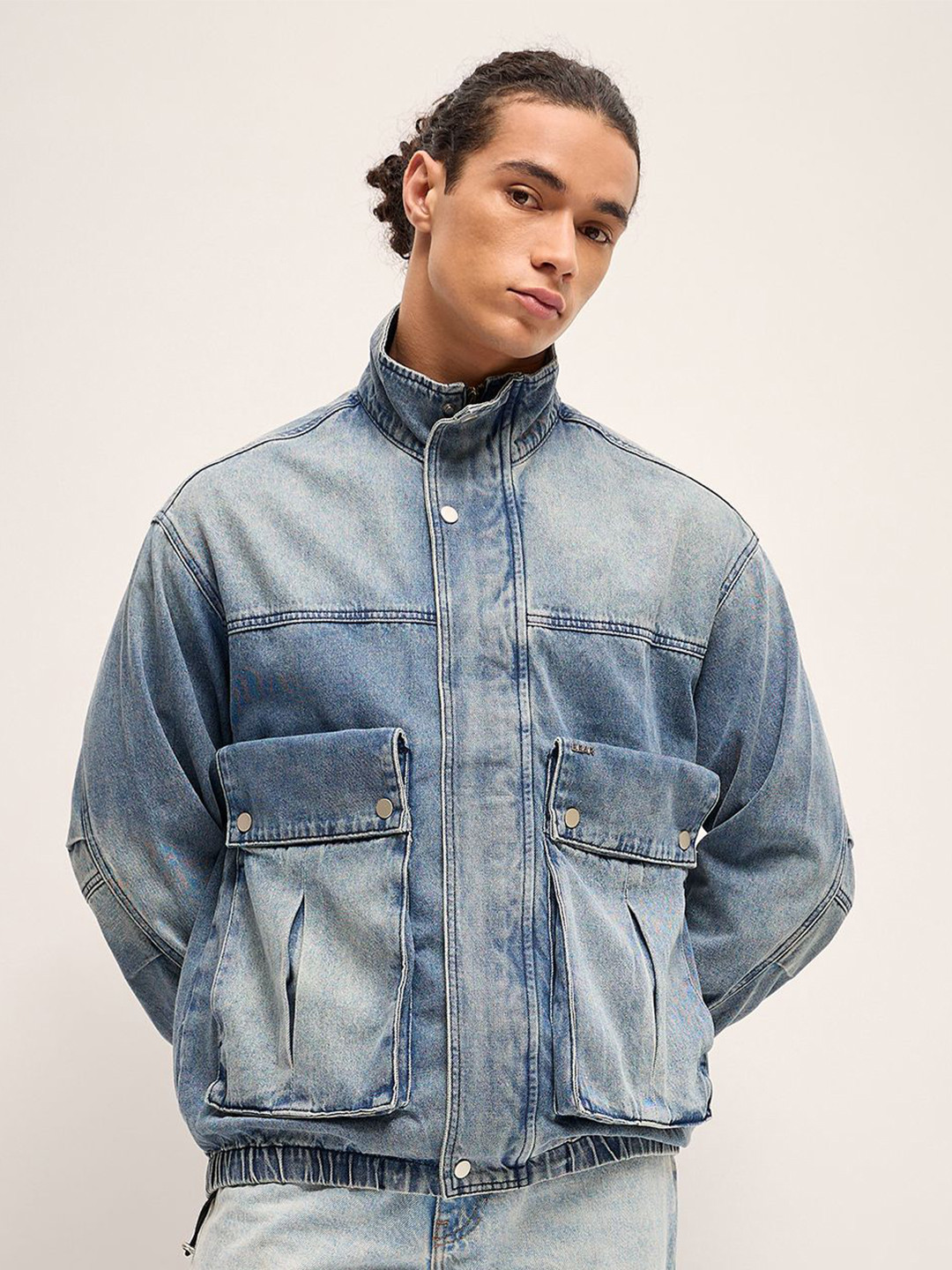 

THE BEAR HOUSE Men Solid Mock Collar Jacket, Blue