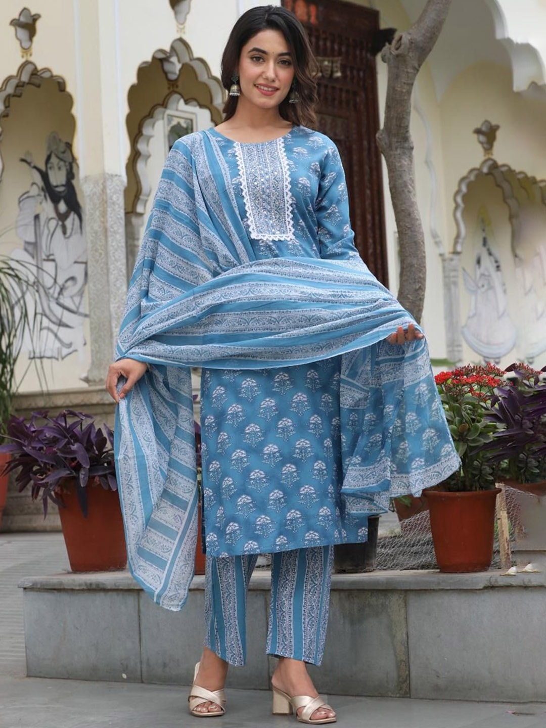 

KALINI Ethnic Motif Printed Thread Work Pure Cotton Straight Kurta With Trousers & Dupatta, Blue