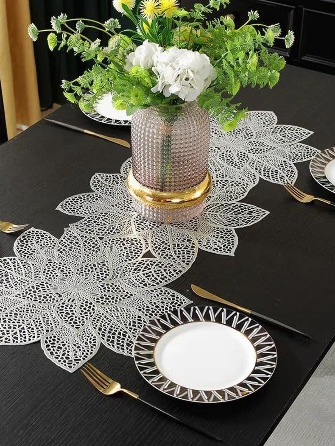 

GROKI Silver Toned Floral Textured Table Runner