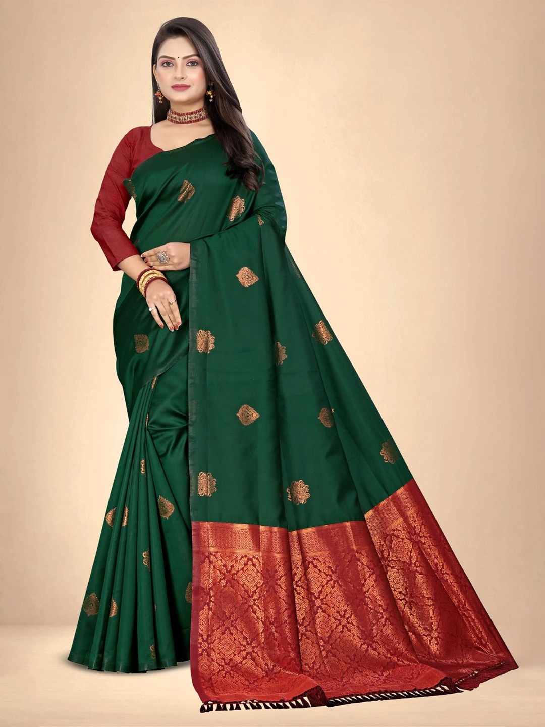 

Abhilasha Ethnic Motifs Zari Pure Silk Kanjeevaram Saree, Green