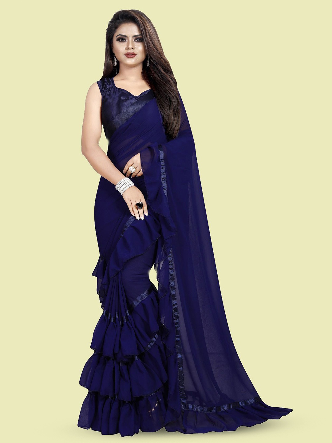 

LADY SHOPI Pure Georgette Ruffles Saree, Navy blue