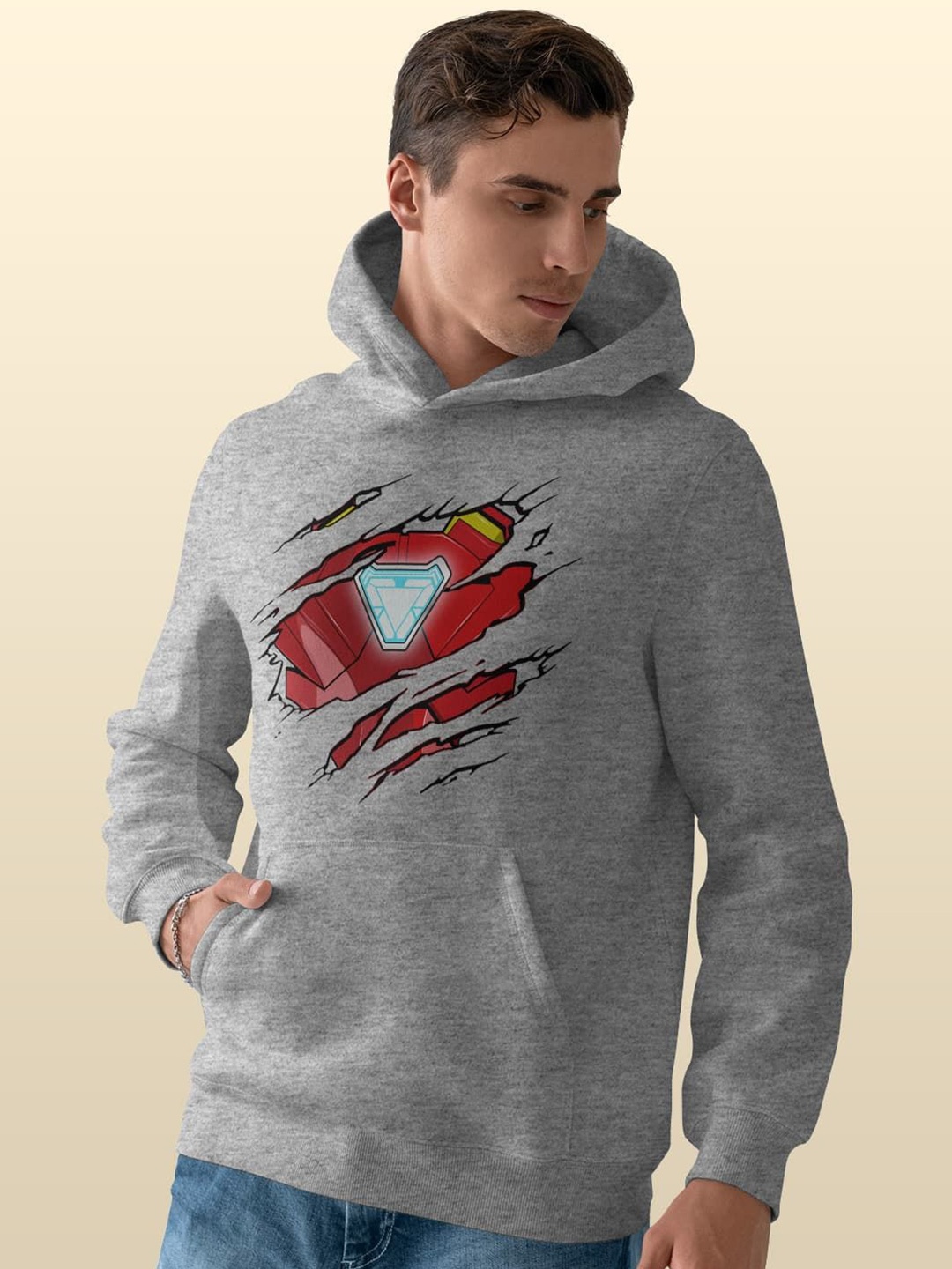 

macmerise Men Printed Hooded Sweatshirt, Grey