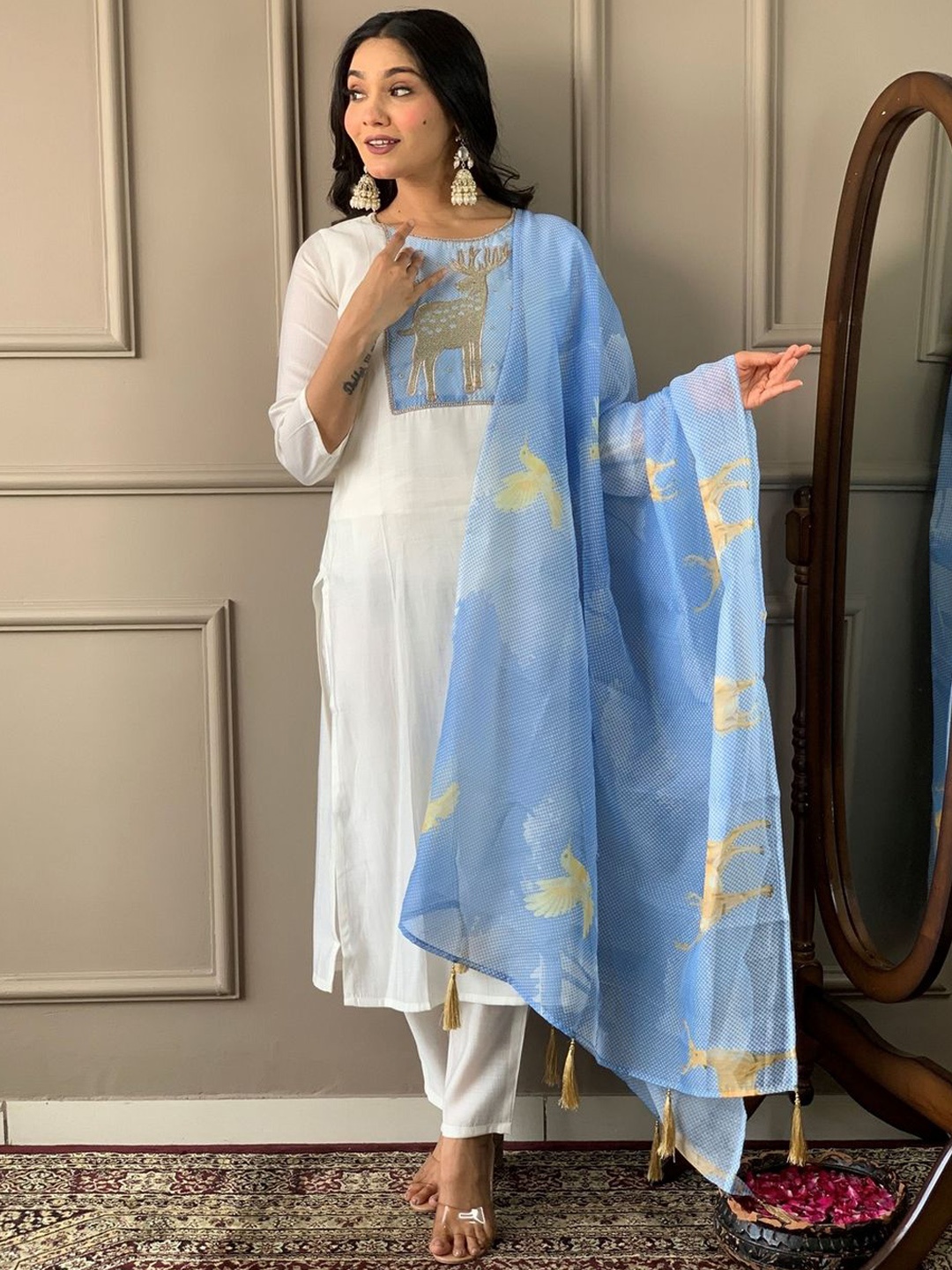 

Yara Creation Quirky Yoke Design Straight Kurta With Trousers & Dupatta, White