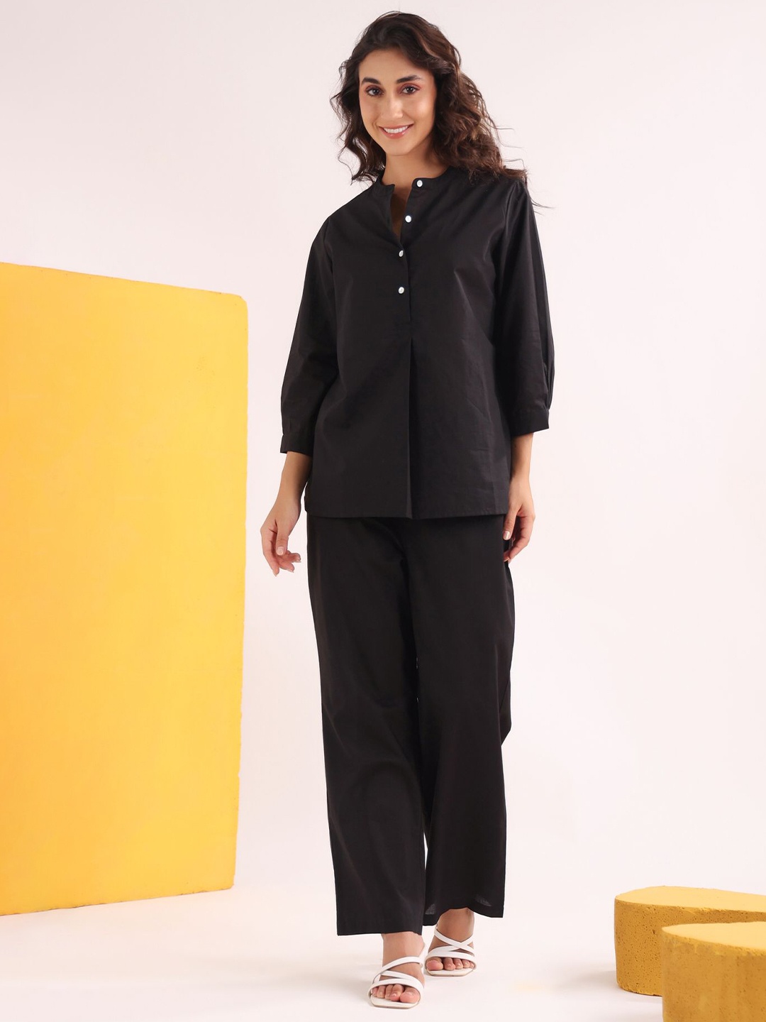 

JISORA Band Collar Pure Cotton Top With Trousers, Black