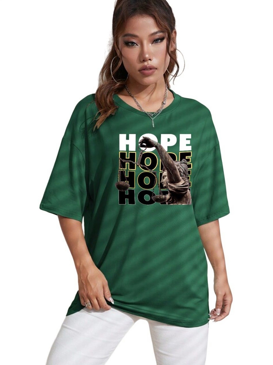 

TABADTOD Women Typography Printed Oversized T-shirt, Green