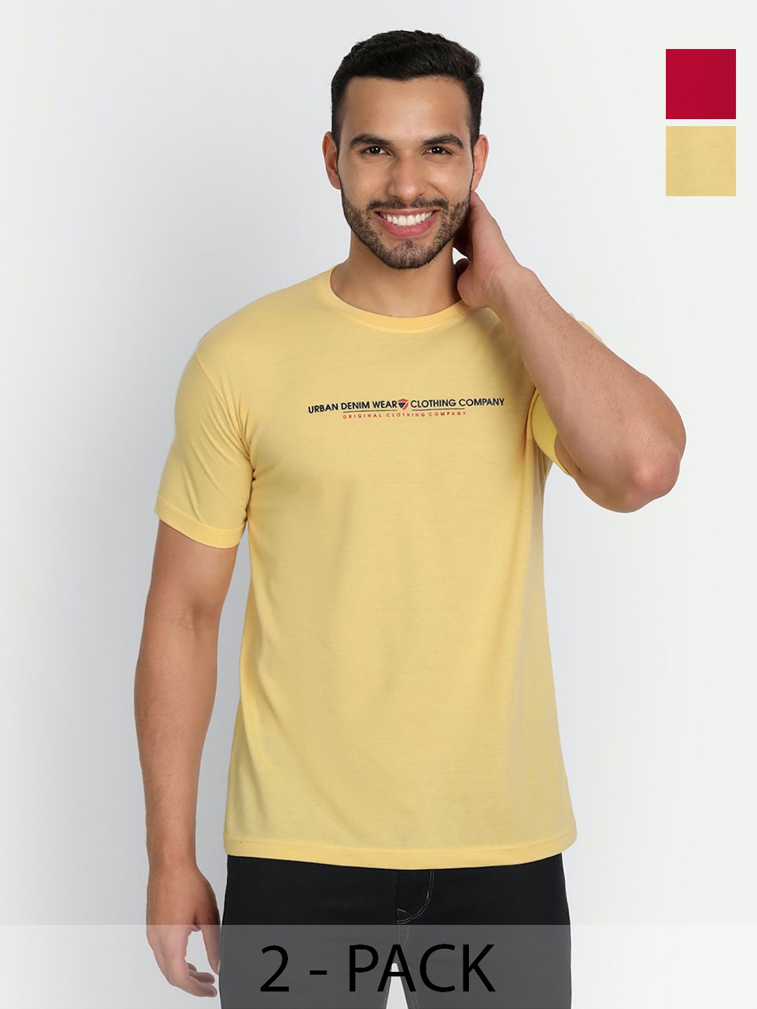 

ZEFFIT Men Pack Of 2 Typography Printed Round Neck Cotton T-shirt, Yellow