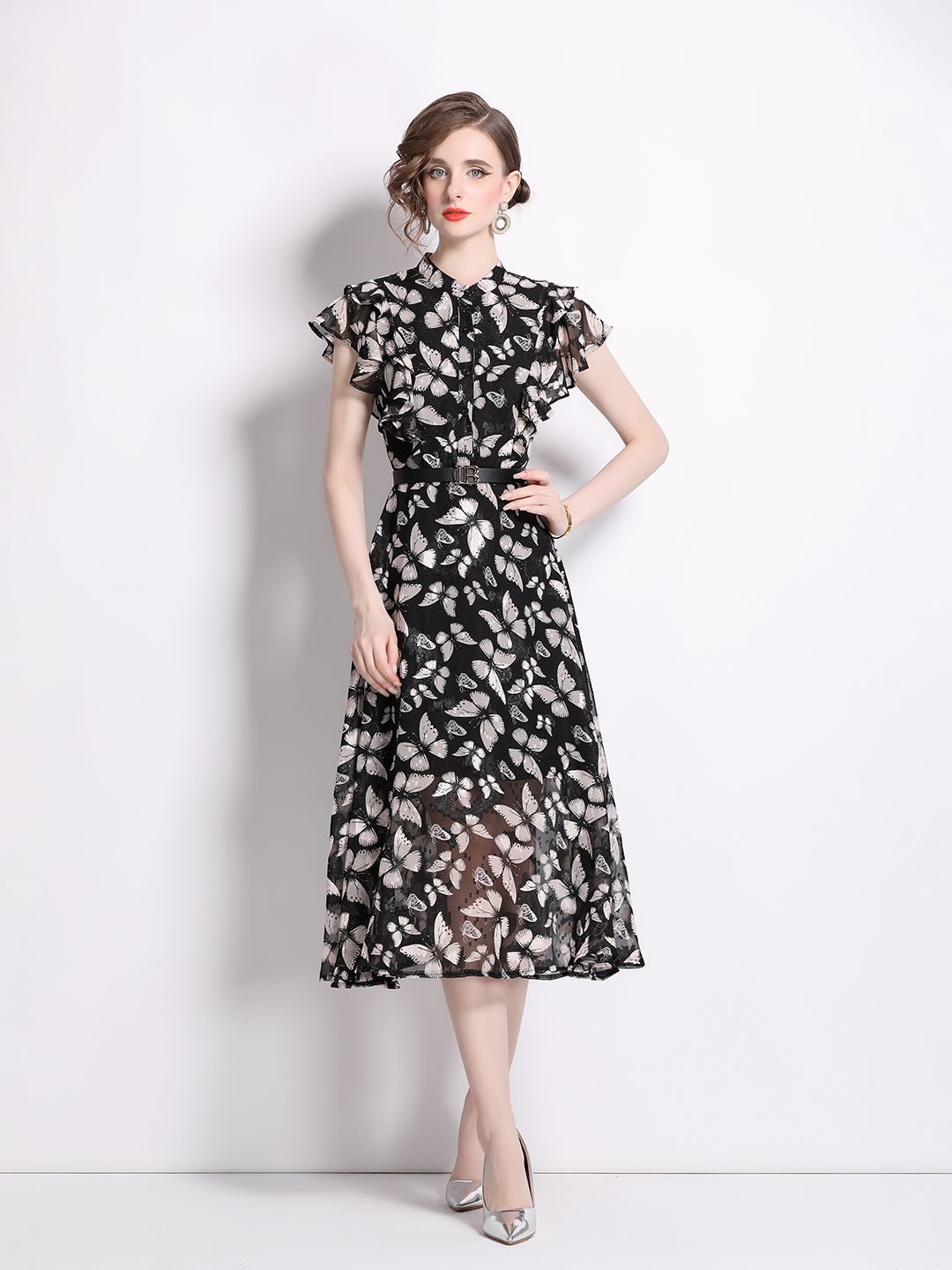 

JC Collection Floral Printed Flared Sleeve Fit & Flare Midi Dress, Black