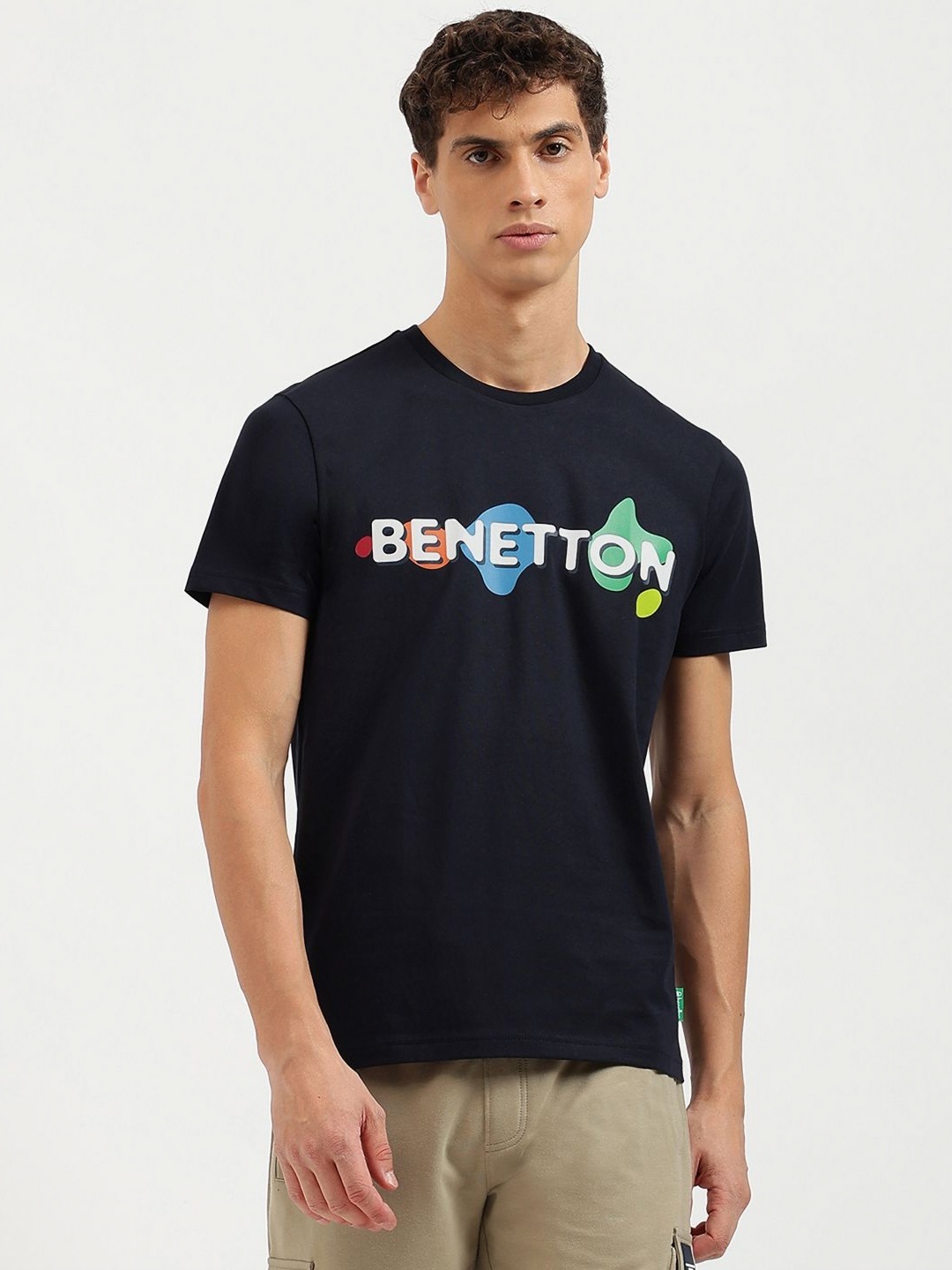

United Colors of Benetton Men Printed Pure Cotton Applique T-shirt, Blue