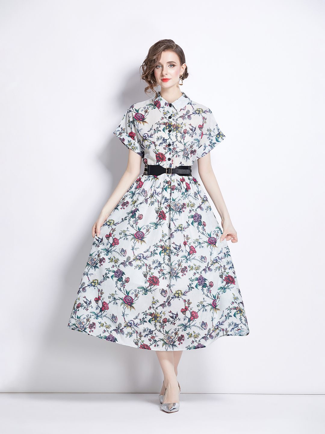 

JC Collection Floral Printed Short Sleeves Shirt Midi Dress, White