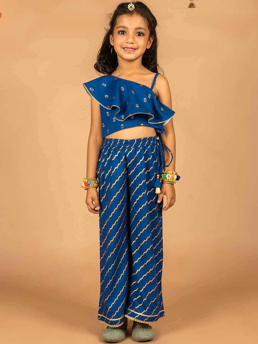 

HERE&NOW Girls Printed Crop Top with Palazzos, Navy blue