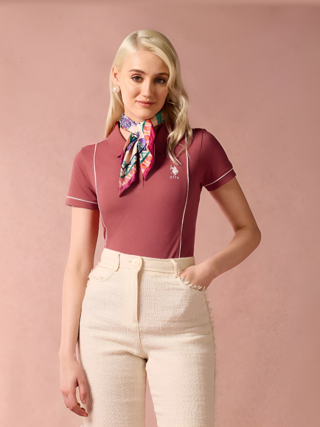 

U.S. Polo Assn. Women Solid Polo Collar Cotton T-Shirt, Coral