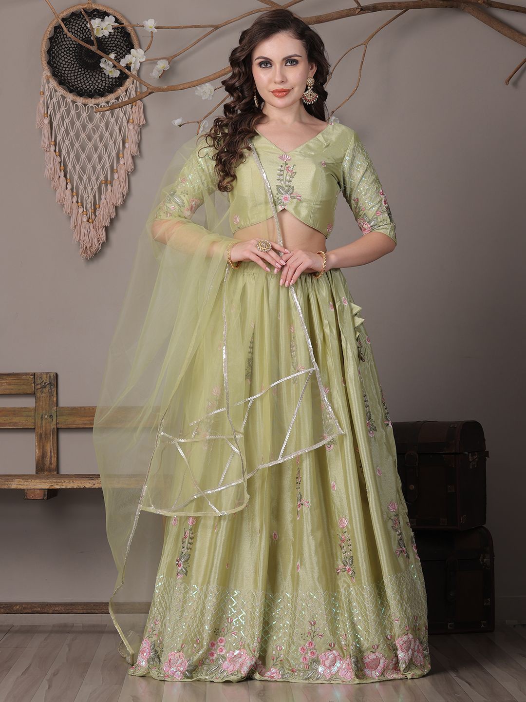 

Ethnovog Embroidered Ready to Wear Lehenga & Blouse With Dupatta, Green