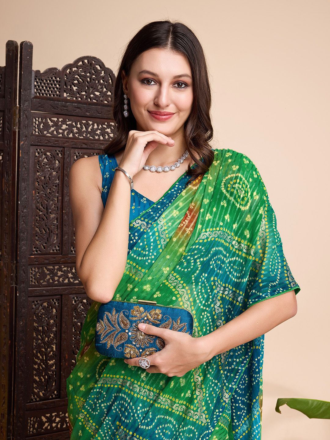 

Mitera Poly Chiffon Bandhani Festive Saree, Green