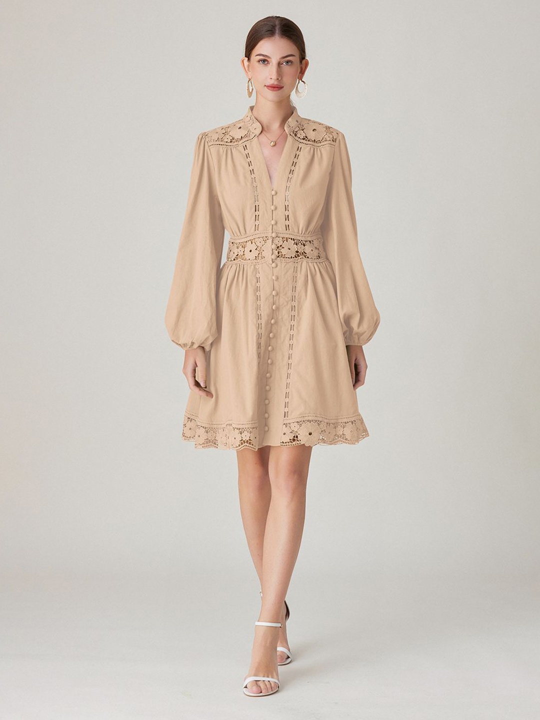 

JC Collection Bishop Sleeves A-Line Dress, Beige