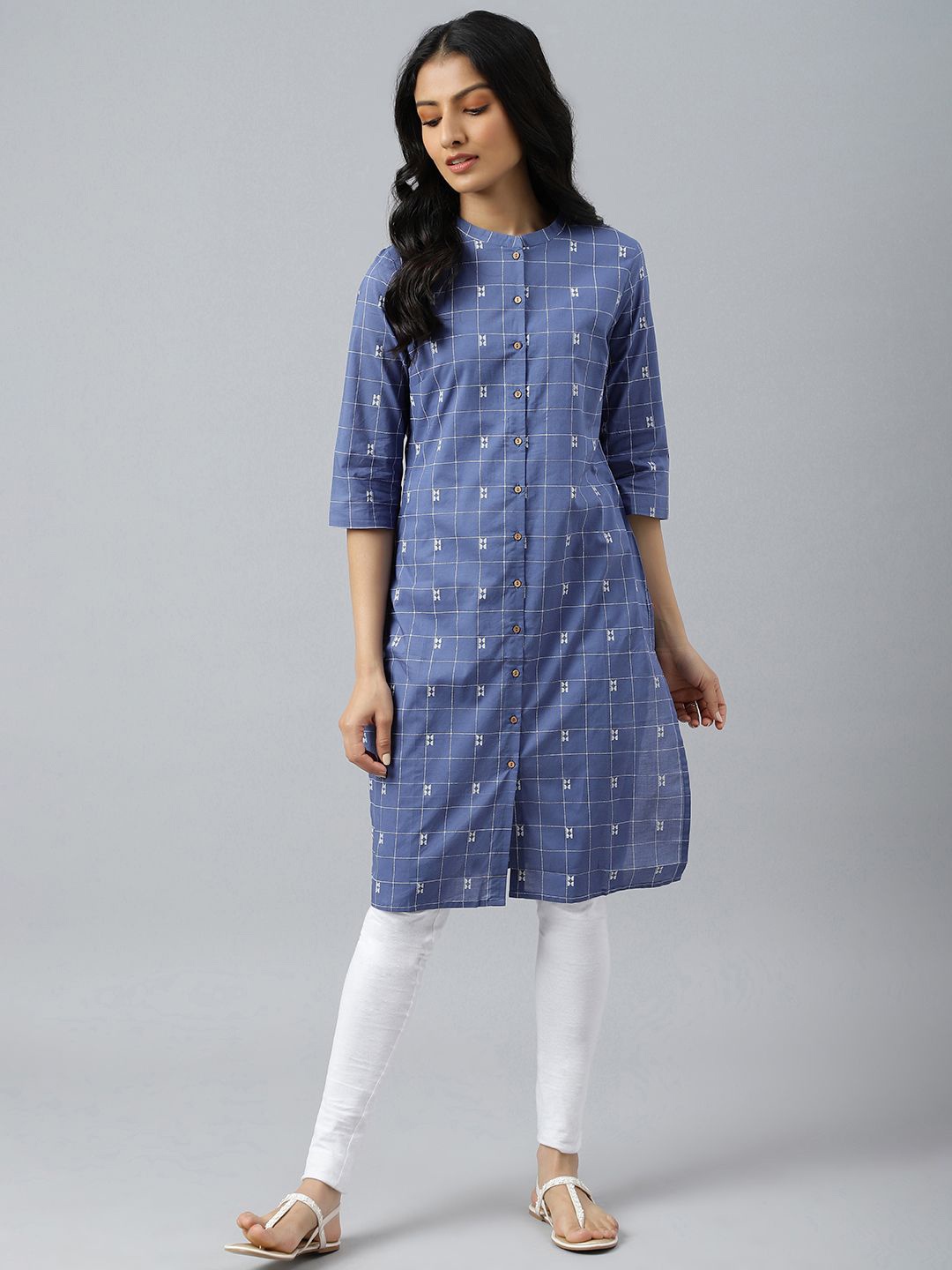 

W Geometric Printed Mandarin Collar Cotton Straight Kurta, Blue