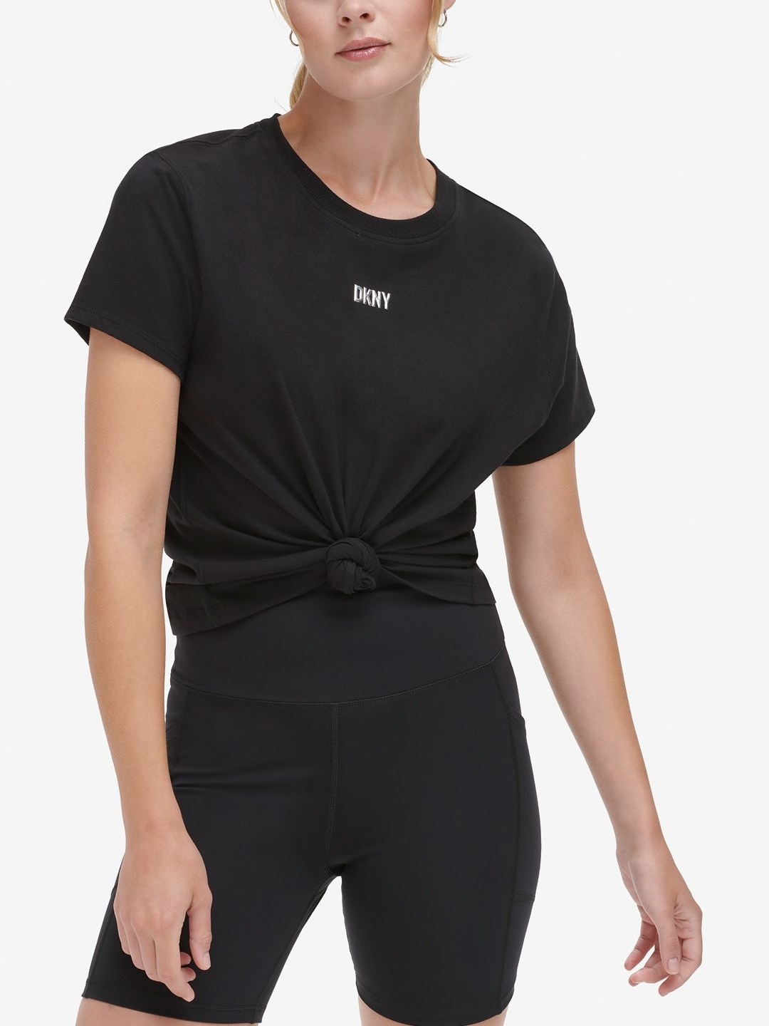 

DKNY Women Solid Round Neck Cotton T-Shirt, Black