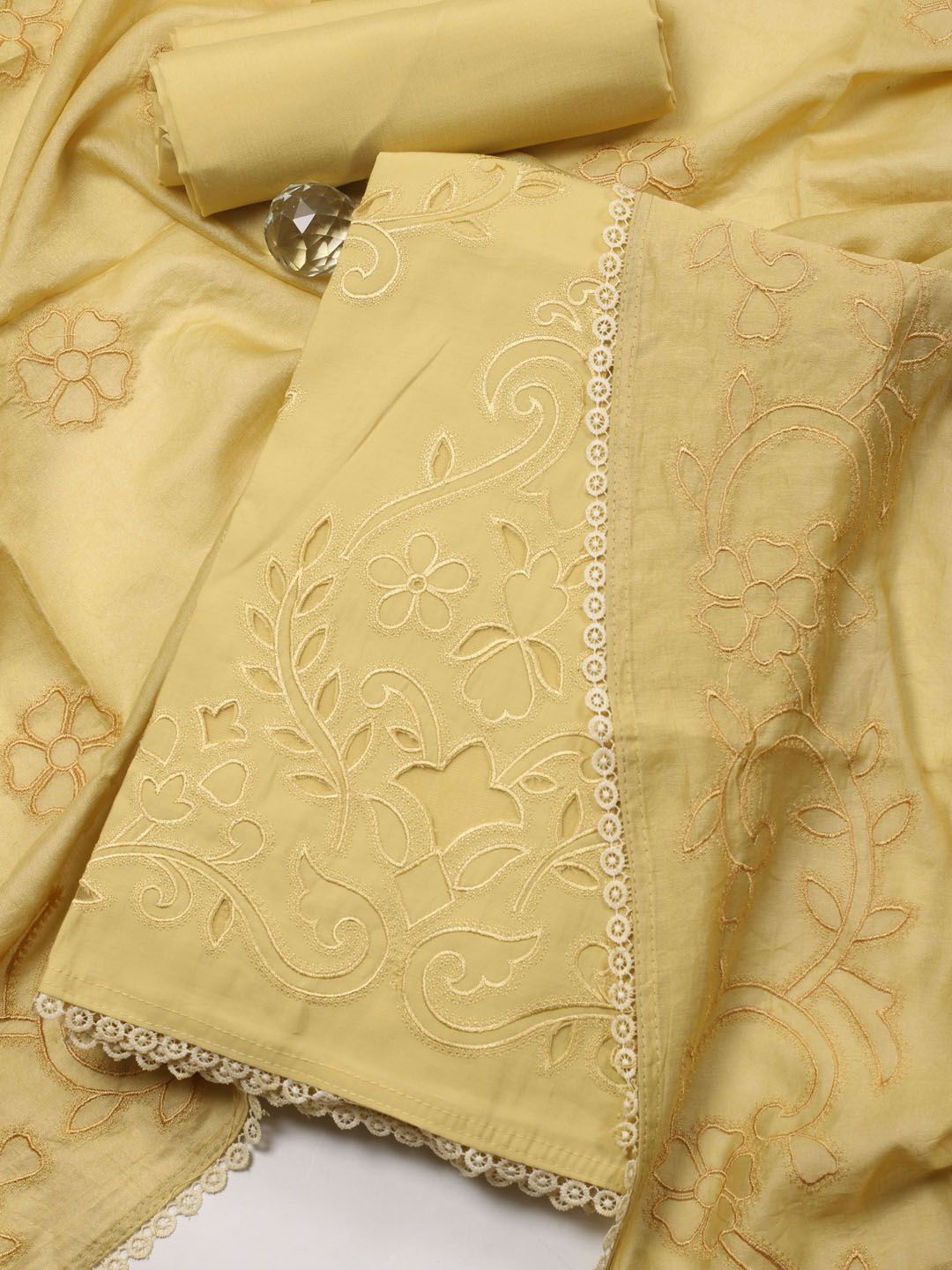 

Meena Bazaar Embroidered Art Silk Unstitched Dress Material, Yellow