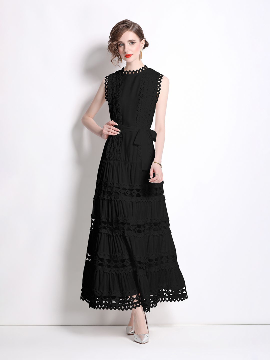 

JC Collection Self Design Tie-Up Tiered Maxi Dress, Black