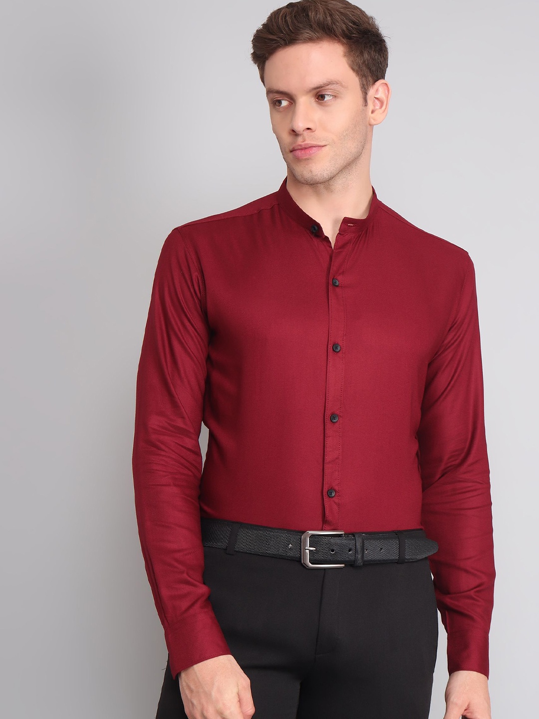 

TRYBUY.IN Men Band Collar Solid Cotton Semiformal Shirt, Maroon
