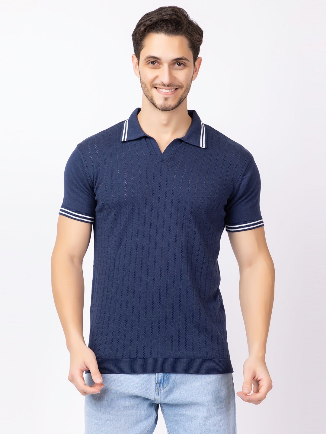 

KEIKO Men Solid Polo Collar Cotton T-Shirt, Navy blue