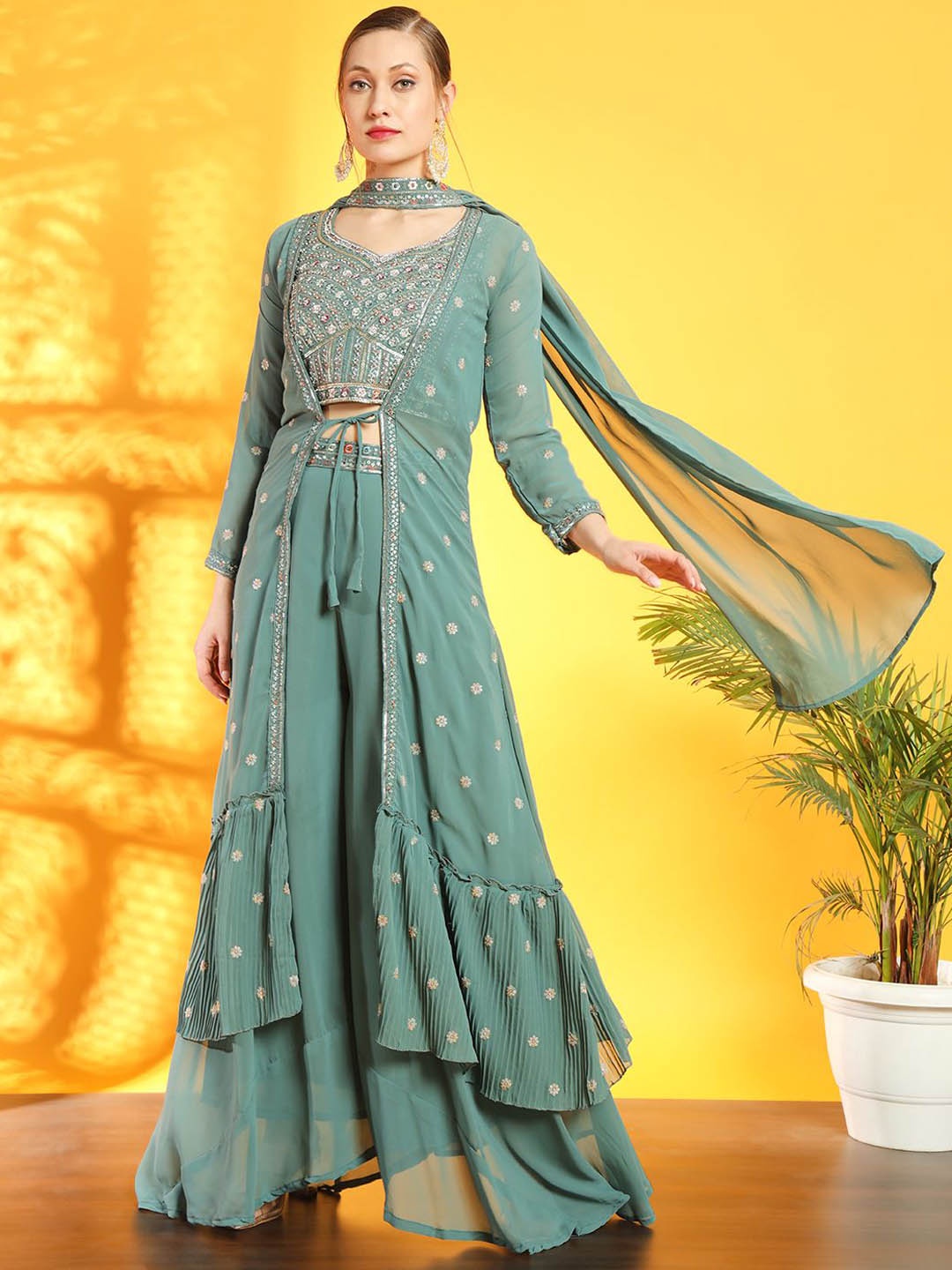 

Chhabra 555 Embroidered Top With Jacket Palazzos & Dupatta, Sea green