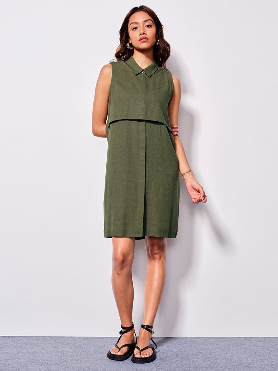 

AND Shirt Collar A-line Dress, Olive