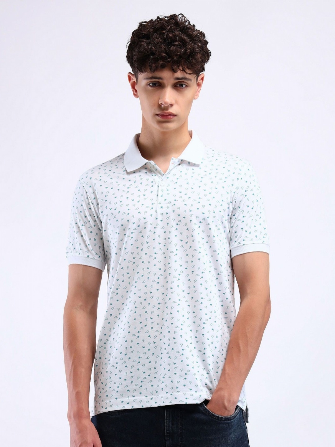 

Flying Machine Men Conversational Printed Polo Collar Cotton T-Shirt, White