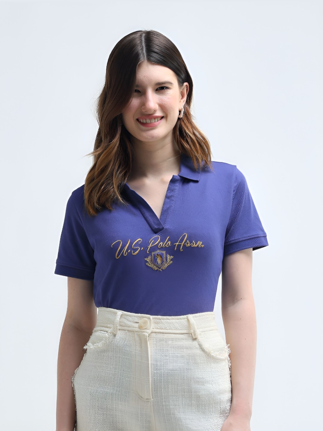 

U.S. Polo Assn. Women Typography Printed Polo Collar Cotton T-Shirt, Blue