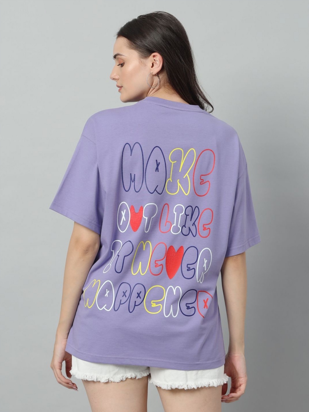 

SWAGNOX Women Typography Printed Round Neck Cotton Oversized T-shirt, Lavender