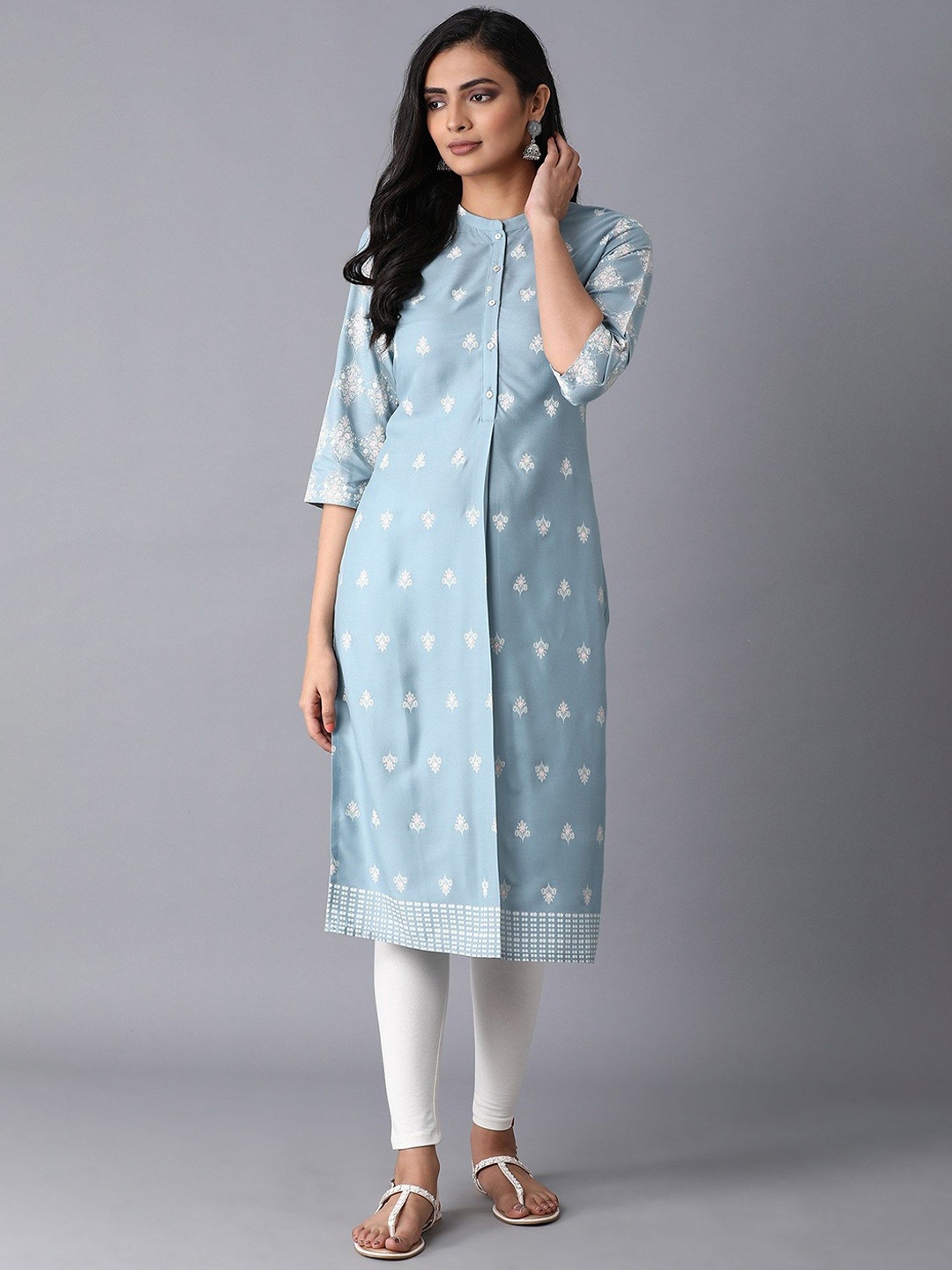 

W Ethnic Motifs Printed Mandarin Collar Straight Kurta, Blue