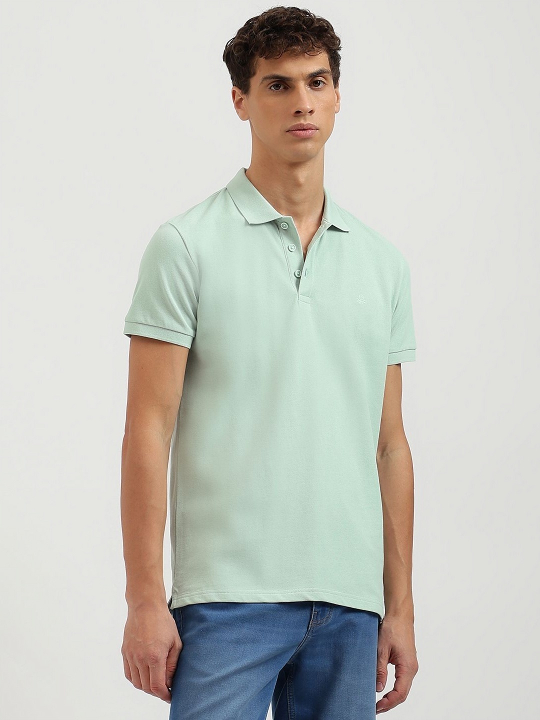 

United Colors of Benetton Men Polo Collar Pure Cotton Raw Edge T-shirt, Green