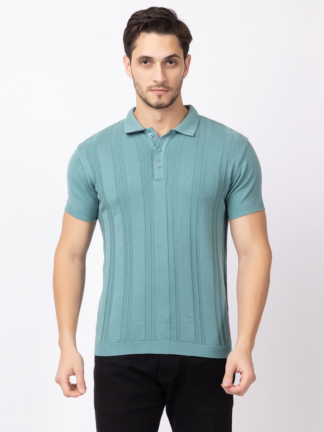 

KEIKO Men Solid Polo Collar Cotton T-Shirt, Sea green