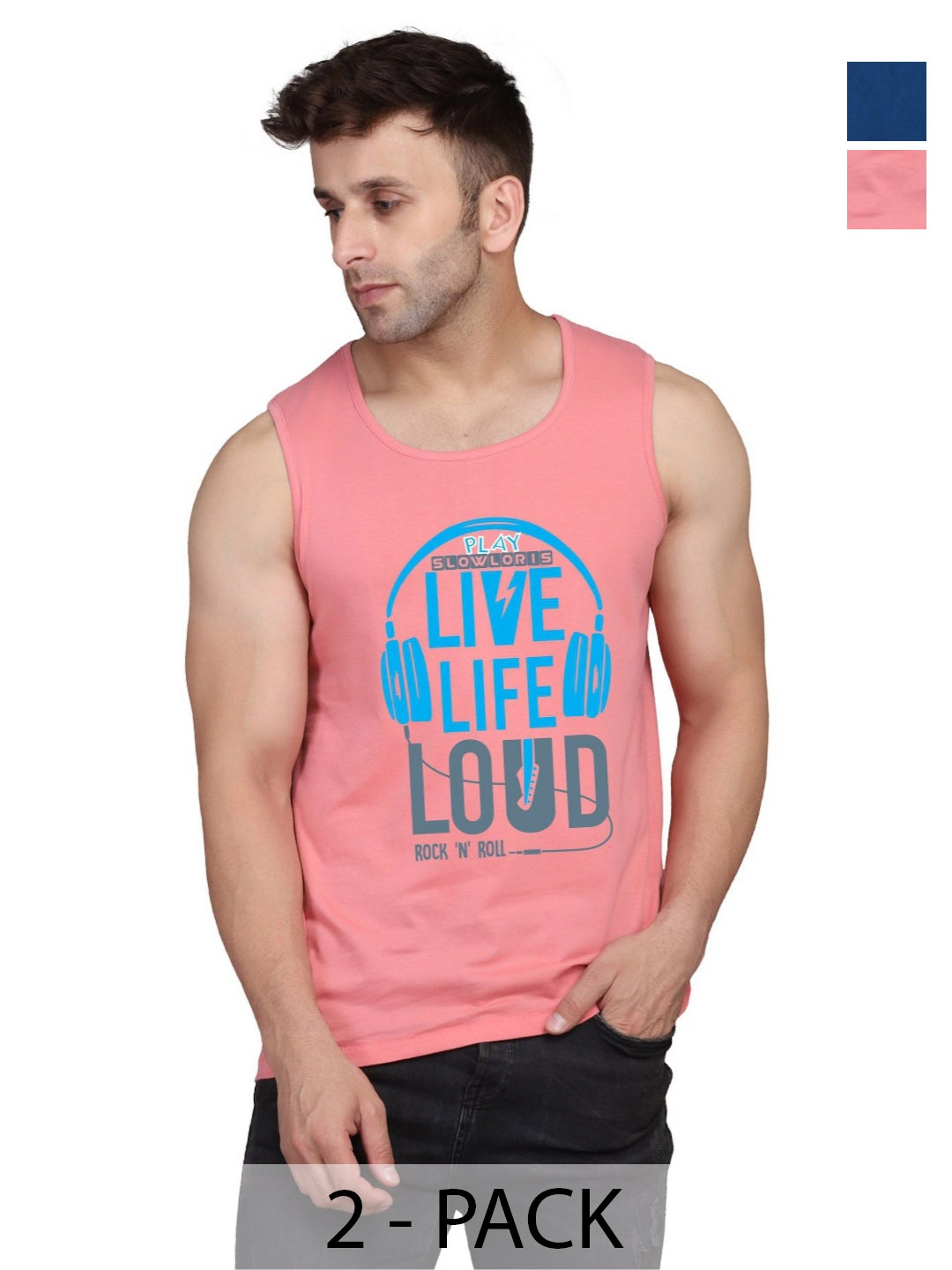 

SLOWLORIS Men Pack Of 2 Typography Printed Round Neck Cotton Slim Fit T-shirts, Peach