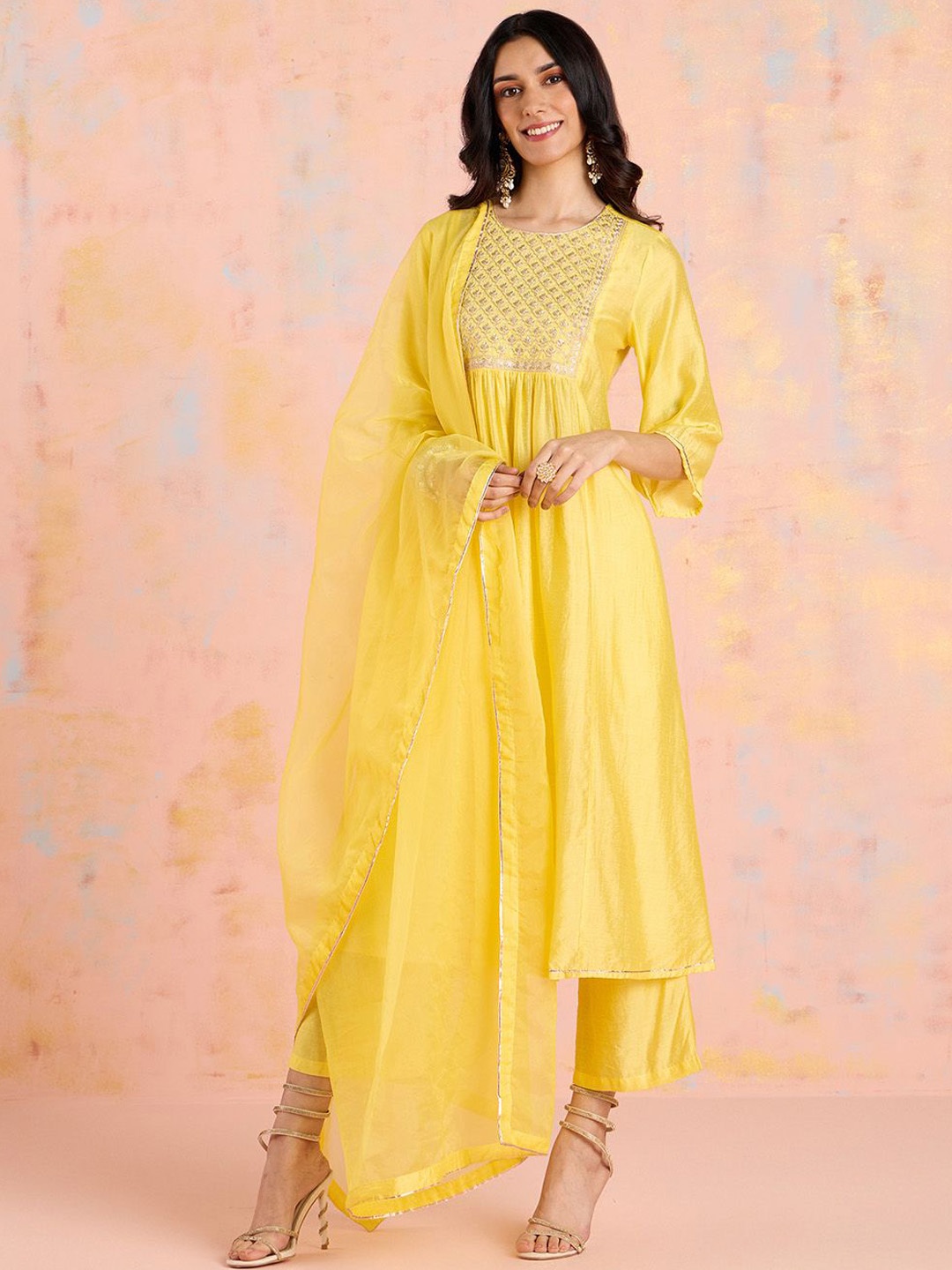 

Likha Floral Yoke Design A-Line Pleated Sequinned Kurta with Pyjamas & Dupatta, Yellow