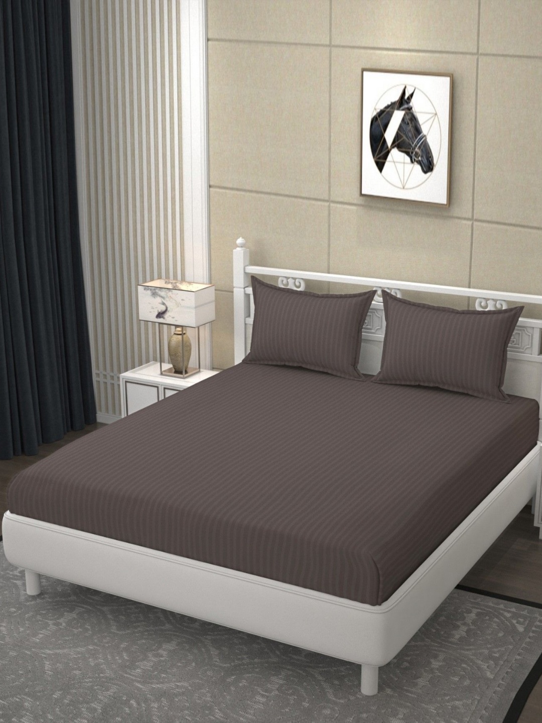 

RIDHAAN Camel Brown & Grey Satin Striped 210 TC King Bedsheet with 2 Pillow Covers