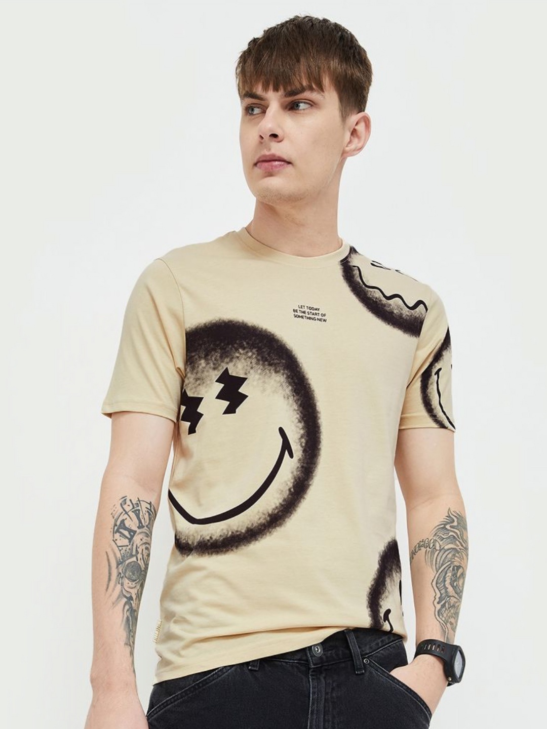 

SmileyWorld Men Graphic Printed Round Neck Cotton T-Shirt, Beige